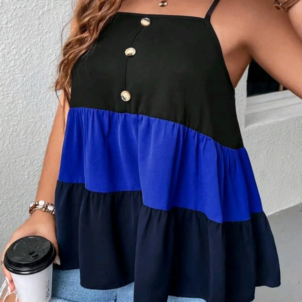 Colorblock Button Front Ruffle Hem Cami Top - Picture 1 of 5